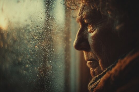 Elderly woman looking through window with rain drops at sunset