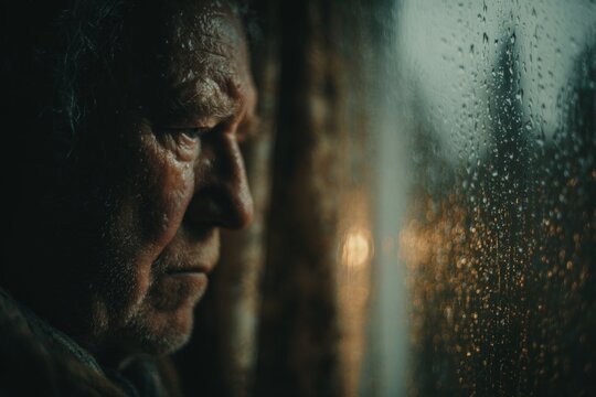 Senior man looking through rainy window during cold night feeling lonely and sad - Powered by Adobe