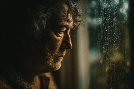 Portrait of a thoughtful senior man looking out a rainy window during a gloomy day