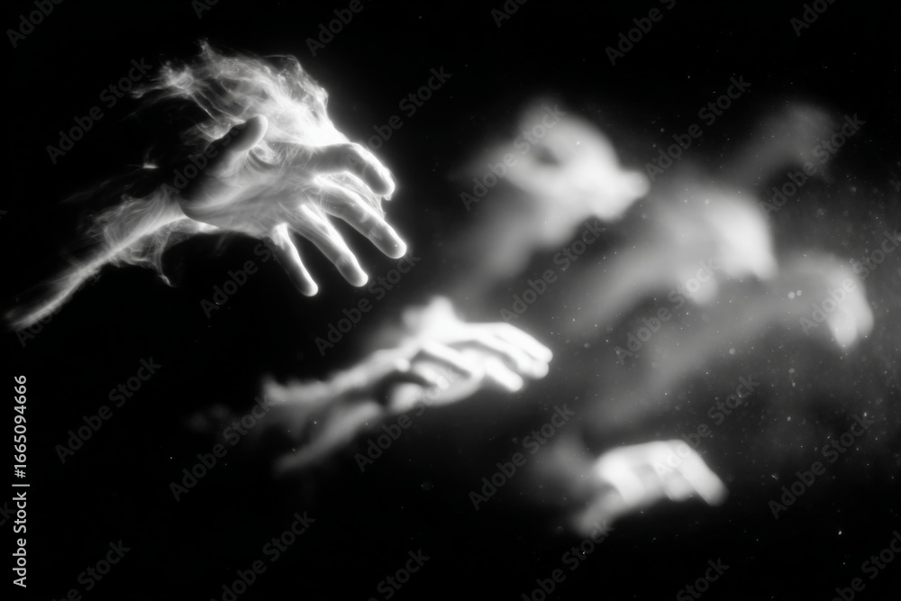 Poster Multiple hands interacting with blurry white powder particles on a dark background, creating a mysterious and intriguing atmosphere