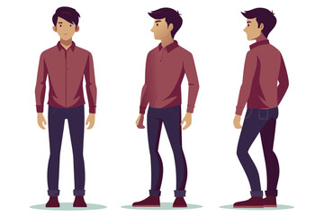 Cartoon Man Poses Front, Side, and ThreeQuarter View, Burgundy Shirt and Jeans