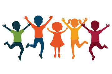 Fototapeta premium Colorful Silhouettes of Children Jumping with Joy and Excitement on White Background