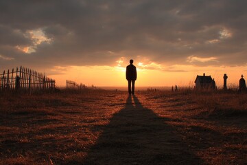 Silhouette of a man standing in a cemetery at sunset, contemplating life and death
