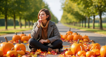 Woman in houndstooth blazer and brown turtleneck sitting among autumn pumpkins with chunky necklace. Seasonal harvest fashion for textured clothing brands, halloween campaigns