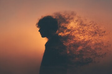 Obraz premium Silhouette of a young man fading away at sunset with a particle dispersion effect, symbolizing loss, change, or transition