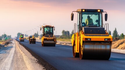 Construction workers operating heavy machinery on a highway under a colorful sunset sky