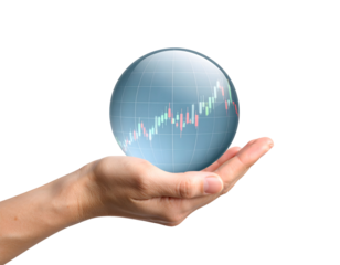 A human hand cradles a translucent sphere showing a financial chart, representing global market trends and investment.