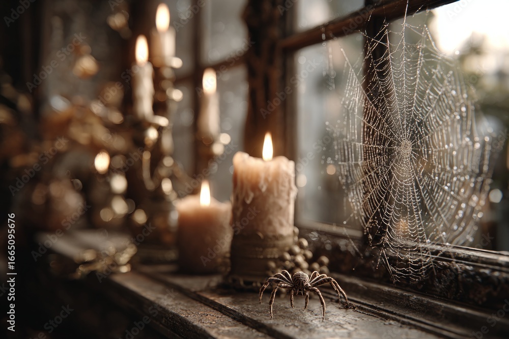 Poster spider crawling near lit candles on window sill with spiderweb in background, creating spooky hallow