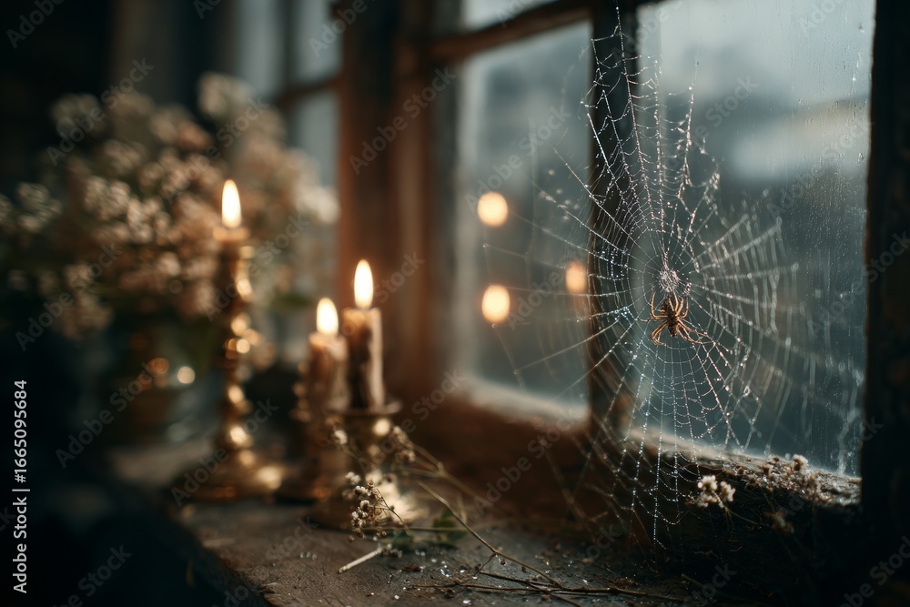 Poster spider creating web on window with water droplets and candles burning on windowsill