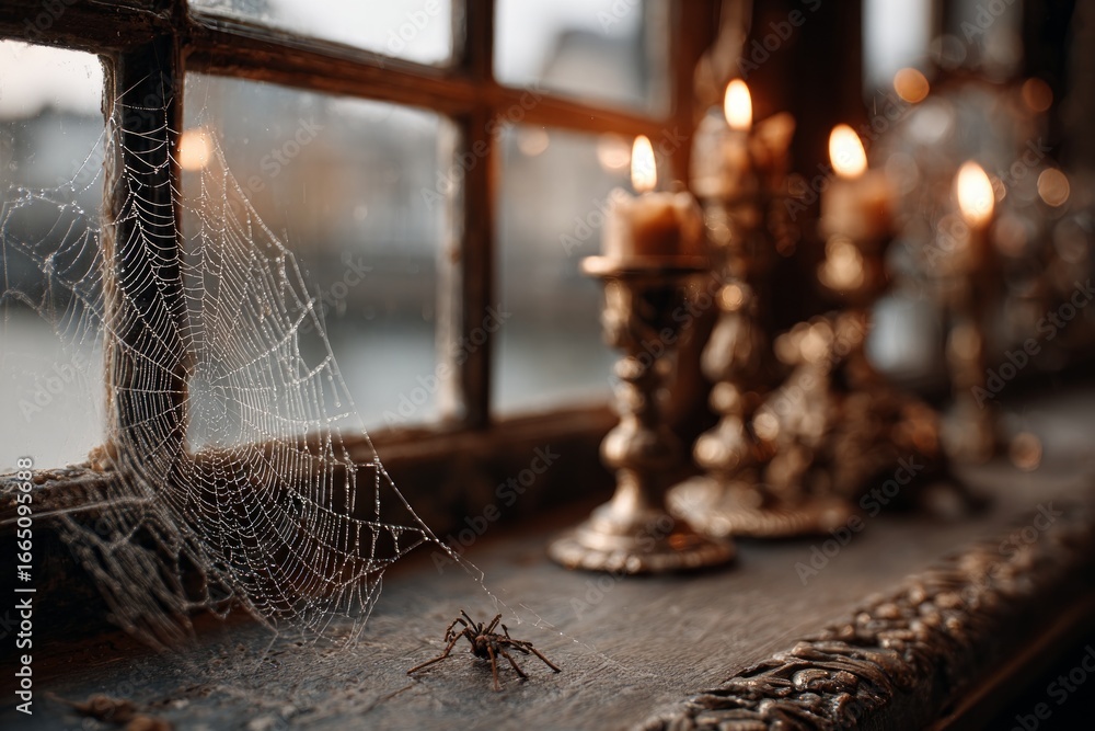 Poster spider crawling on window sill near cobweb with dew drops and candles in the background, creating a 