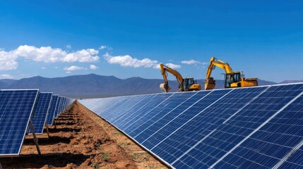 Construction workers operating excavators at a solar farm under a clear blue sky with mountains in the background