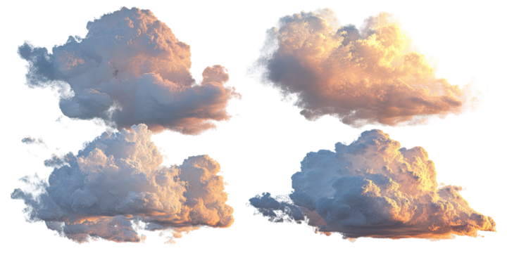 Four cumulus clouds, various shades of pastel colors, backlit by sunset