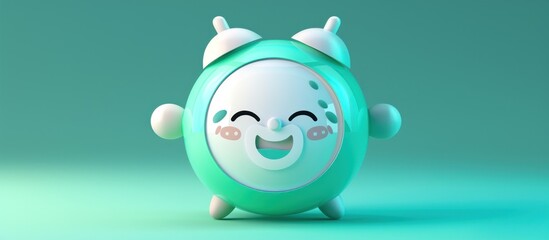 A happy green alarm clock with a smiling face.