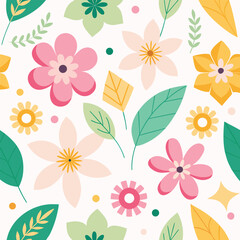 A vibrant and cheerful seamless pattern featuring a delightful assortment of stylized blooming flowers and lush green leaves in a soft pastel color palette perfect for spring and summer designs