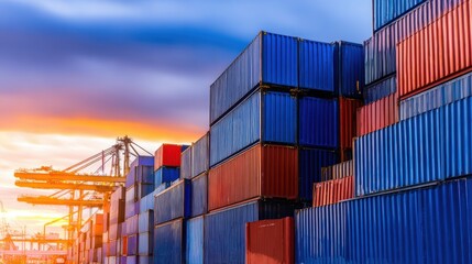 Colorful shipping containers stacked at a port during sunset with cranes in the background