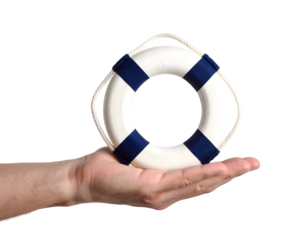 A helping hand offers a classic white and blue lifebuoy, symbolizing safety, support, and assistance.
