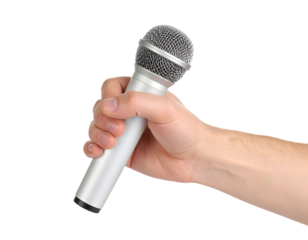 A human hand holds a contemporary silver microphone, ready for a presentation, broadcast, or musical performance.