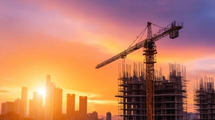 Construction site at sunset with a crane silhouetted against vibrant sky and urban skyline