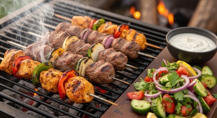 Grilled Chicken and Meat Kebabs with Salad and Dip