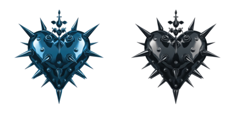 Two stylized, dark heart-shaped objects, studded with numerous sharp spikes, appear to be religious or artistic depictions