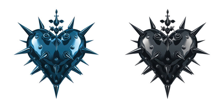 Two stylized, dark heart-shaped objects, studded with numerous sharp spikes, appear to be religious or artistic depictions