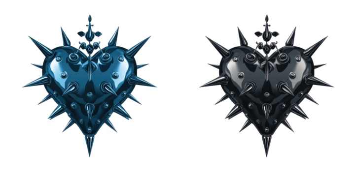 Two stylized, dark heart-shaped objects, studded with numerous sharp spikes, appear to be religious or artistic depictions