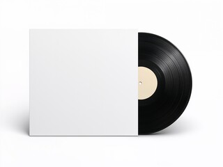 A black vinyl record partially placed in a blank white sleeve. A classic music mockup with customizable space.