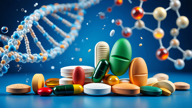 Medical science research with pills and dna image