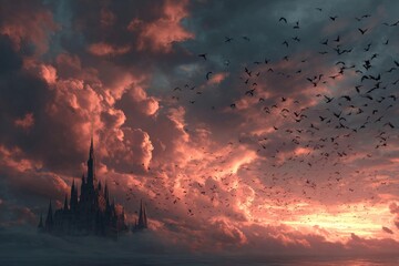 Flock of bats flying over gothic castle at sunset with dramatic sky and clouds