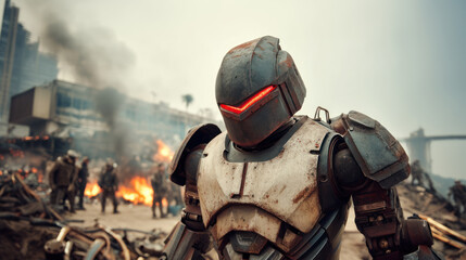 Fototapeta premium Metal cyborg robot after a battle, dystopian post-nuclear war scenery