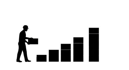 Silhouette of a worker carrying boxes, building a rising graph of blocks.