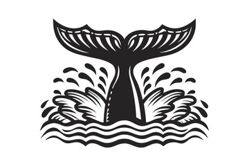 Whale Tail Diving into Ocean Waves, Black Silhouette, Water Splashes, on White