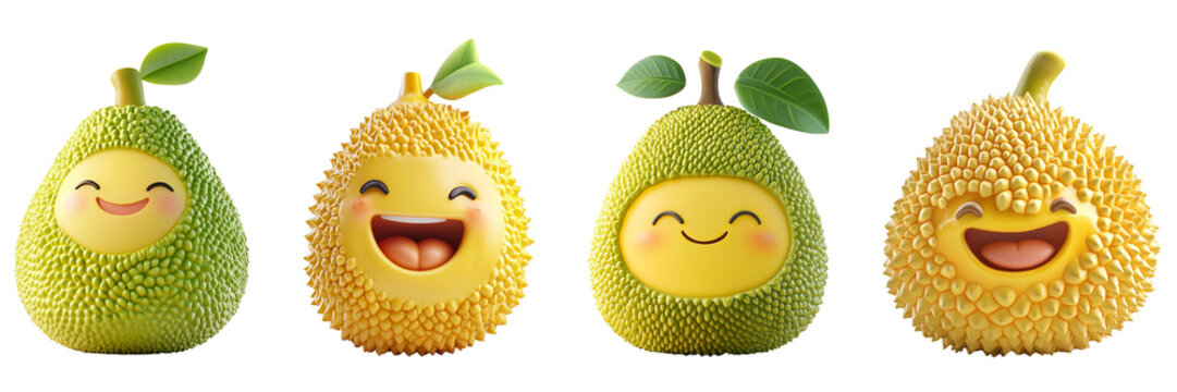 Set of cute jackfruit with smiling face isolated on a transparent background