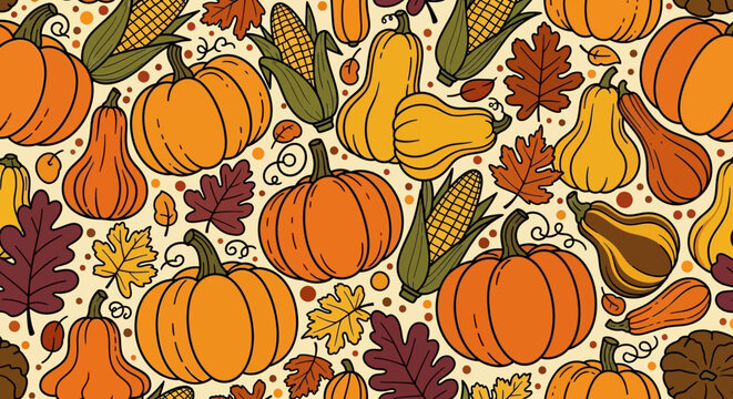 autumnal harvest theme with pumpkins, gourds, corn, and leaves.