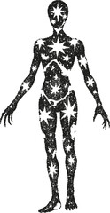 Ethereal silhouette of a human figure made of stars and space. A celestial being representing the cosmos, soul, and spirituality. Stipple effect