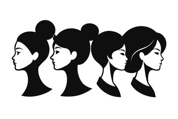 Four Women in Profile with Unique Hairstyles, Black Silhouette Illustration