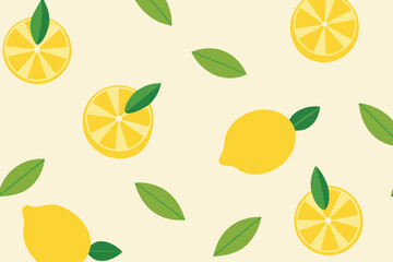 Fresh Lemon Pattern Background with Slices and Leaves on a Light Beige Surface