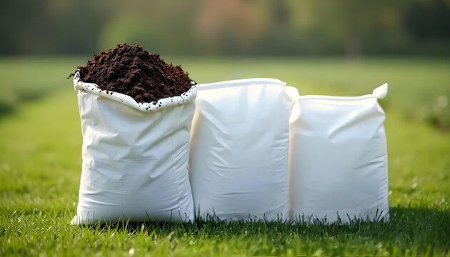 White fertilizer bag mockup on green field with farming tools