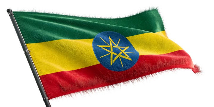 Waving Ethiopian flag with green, yellow, and red stripes and blue circle star emblem in center. Symbol of African pride, history, and sovereignty. Perfect for culture, travel, and heritage themes.