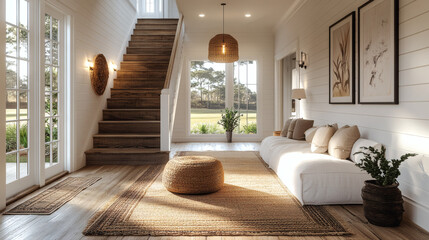 Stately design coastal hallway with warm color palette