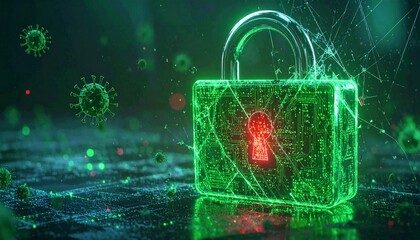 Digital padlock with circuit patterns, surrounded by virus-like threats, symbolizing cybersecurity, data protection, and defense against digital infections and vulnerabilities.