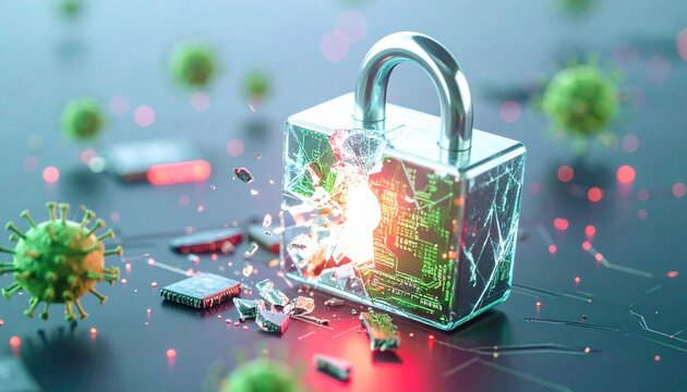 Shattered digital padlock revealing circuit board, surrounded by abstract virus-like particles and microchips, symbolizing a cyber security breach or data vulnerability.