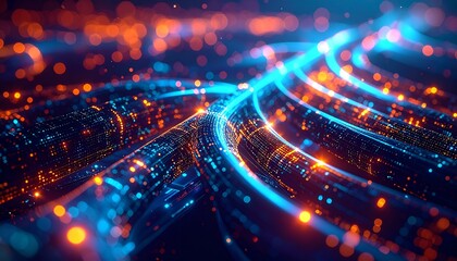 Abstract digital data flow with glowing lines and bokeh effects on a dark background, representing network, technology, and connectivity.