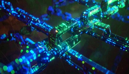 Close-up of interconnected digital chain links glowing with blue and green data patterns, representing network, security, and technology concepts.