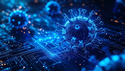 Obraz premium Abstract 3D rendering of microscopic virus particles over a glowing circuit board, representing disease, technology, and health in a futuristic context.