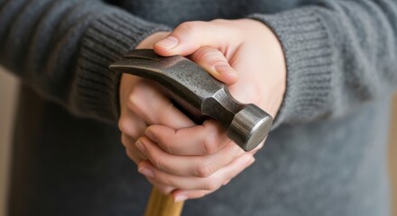 Caucasian female adult holding hammer with both hands wearing gray sweater