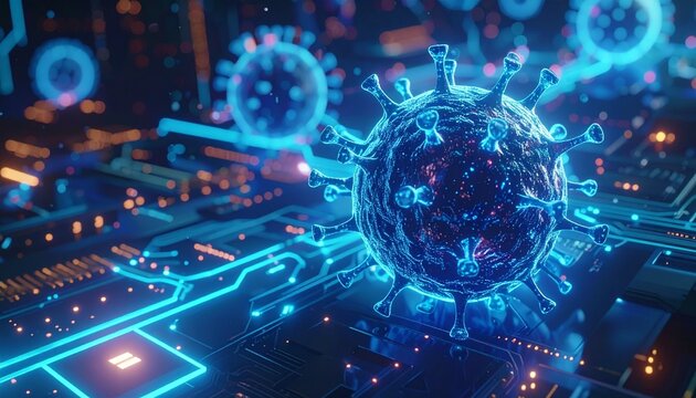 An abstract digital representation of a virus particle, glowing blue over a futuristic circuit board with illuminated lines, symbolizing global health and technology.