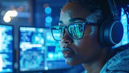 An intensely focused person wearing headphones and glasses, engrossed in multiple glowing computer screens displaying complex data, in a dark, high-tech setting.