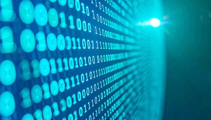 Abstract digital background featuring a vibrant blue binary code stream with a glowing light, symbolizing data, technology, internet, and information processing.