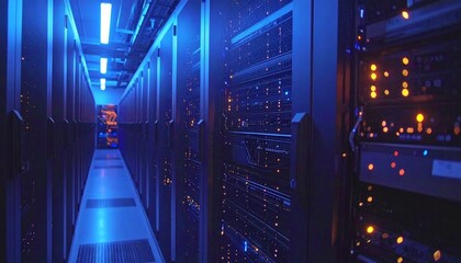Long corridor in a modern data center with rows of glowing server racks, illuminated by blue light, representing technology, cloud computing, and digital information storage.